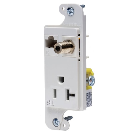Hubbell Wiring Device-Kellems J-Load Media Outlet, 20A 125V Tamper Resistant Receptacle, Cat 6 Jack, F Coax, Decorator Frame, White RJ620WTR